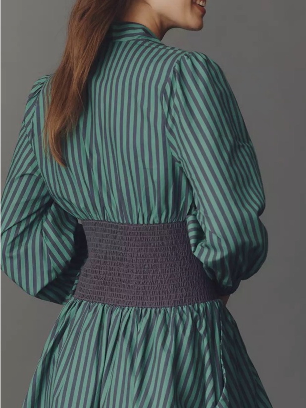 Anthropologie Tommie Green & Navy Striped Long-Sleeve Dress with Smocked Waist - Picture 6 of 6